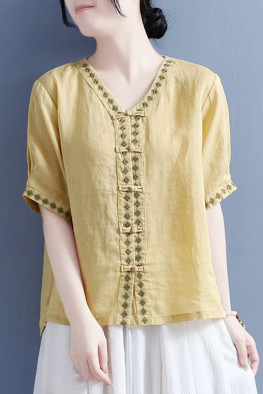 Dames Zomer Katoen Linnen Vintage Blouse