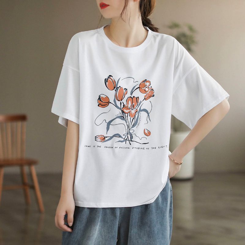 Dames Zomer Losse Retro Bloemen Katoenen T-shirt