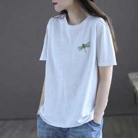 Dames Zomer Retro Dragonfly Borduurwerk Katoenen T-shirt