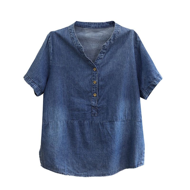 Dames Zomermode Losse Tencel Katoenen Denim T-shirt