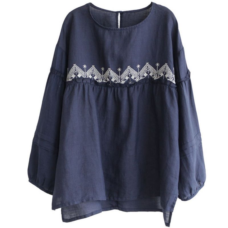 Geborduurde Linnen Raglan Lantaarn Mouw Blouse