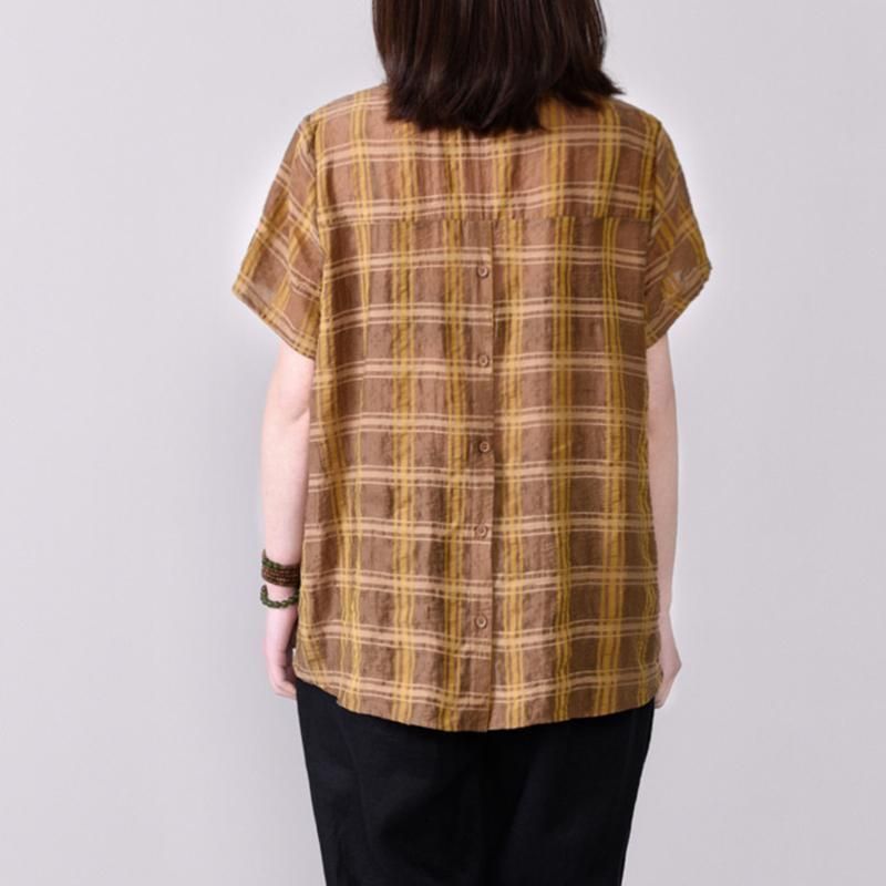 Geruite Blouse Met Korte Mouwen En Patchwork