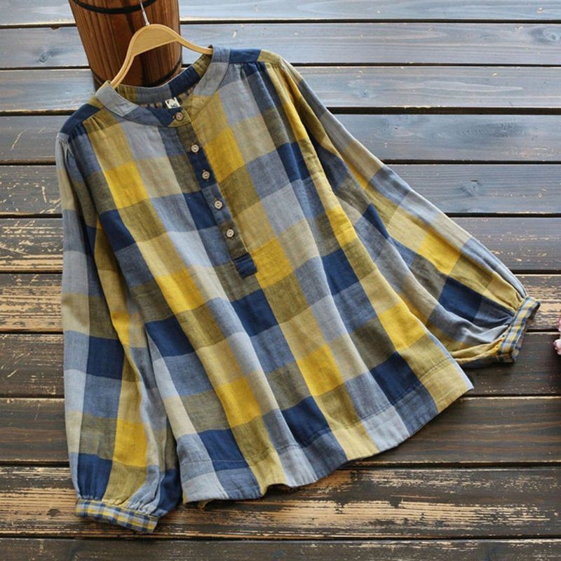 Gingham Shift Shirt Met Opstaande Kraag