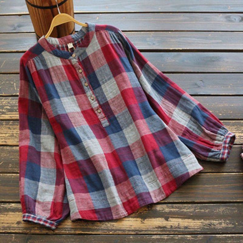 Gingham Shift Shirt Met Opstaande Kraag