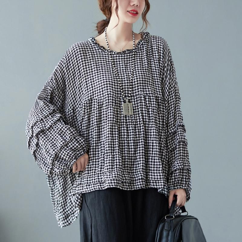 Herfst Katoen Linnen Geruite Plus Size Puff Shirt