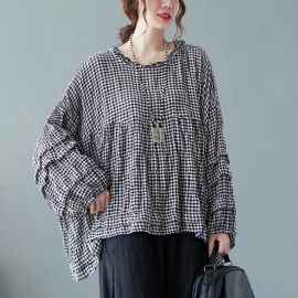 Herfst Katoen Linnen Geruite Plus Size Puff Shirt