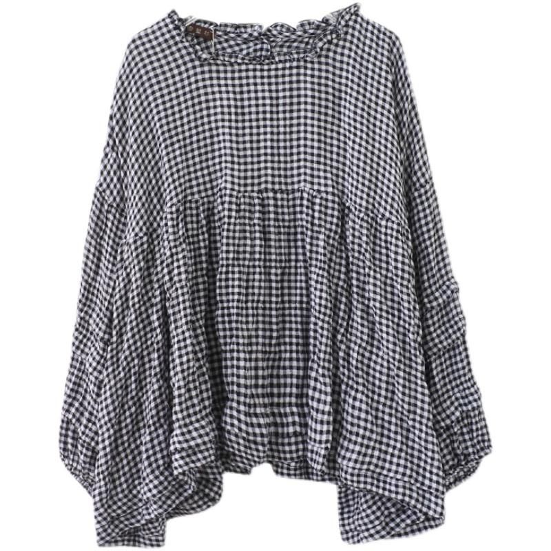 Herfst Katoen Linnen Geruite Plus Size Puff Shirt