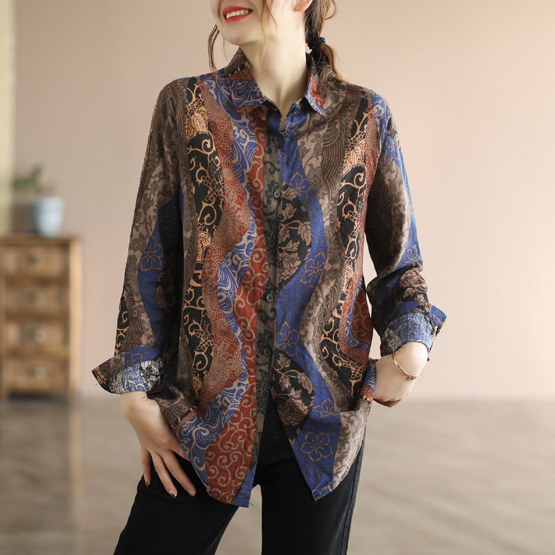 Lente Dames Retro Bloemen Zijden Linnen Blouse