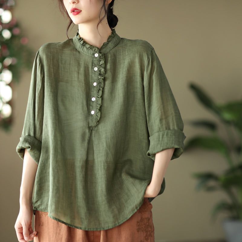 Lente Dames Vintage Lange Mouwen Ruche Kraag Blouse