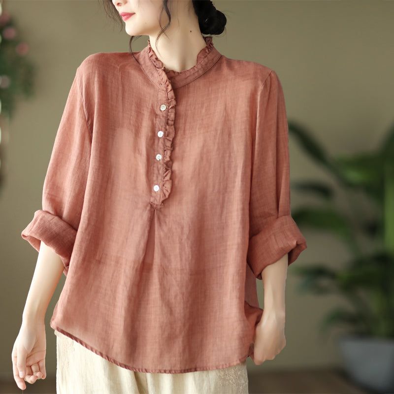 Lente Dames Vintage Lange Mouwen Ruche Kraag Blouse