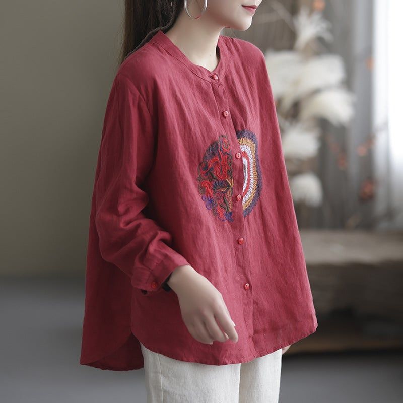 Lente Etnisch Borduurwerk Linnen Losse Casual Blouse