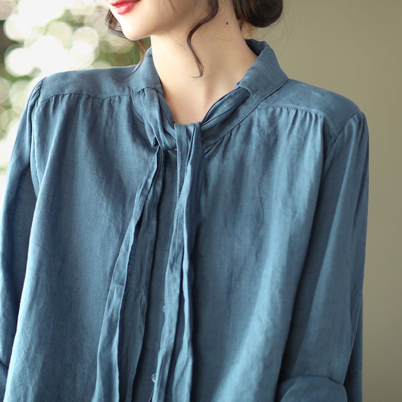 Lente Gebonden Kraag Vintage Casual Linnen Blouse