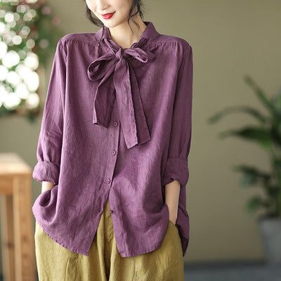 Lente Gebonden Kraag Vintage Casual Linnen Blouse