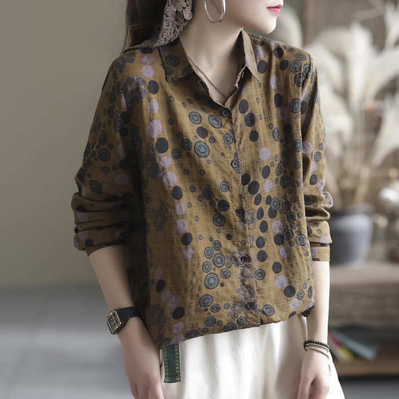 Lente Herfst Retro Casual Dots Print Katoenen Blouse