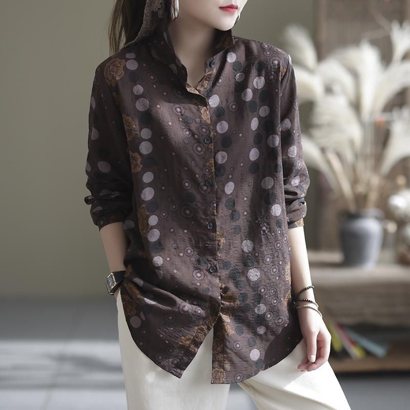 Lente Herfst Retro Casual Dots Print Katoenen Blouse