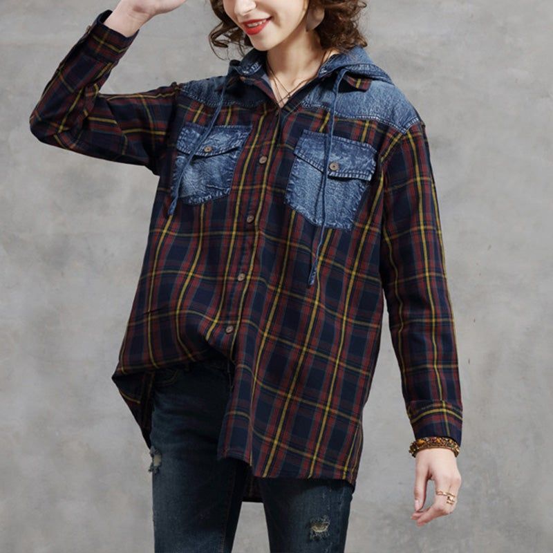 Lente Herfst Retro Plaid Hooded Patchwork Katoenen Blouse