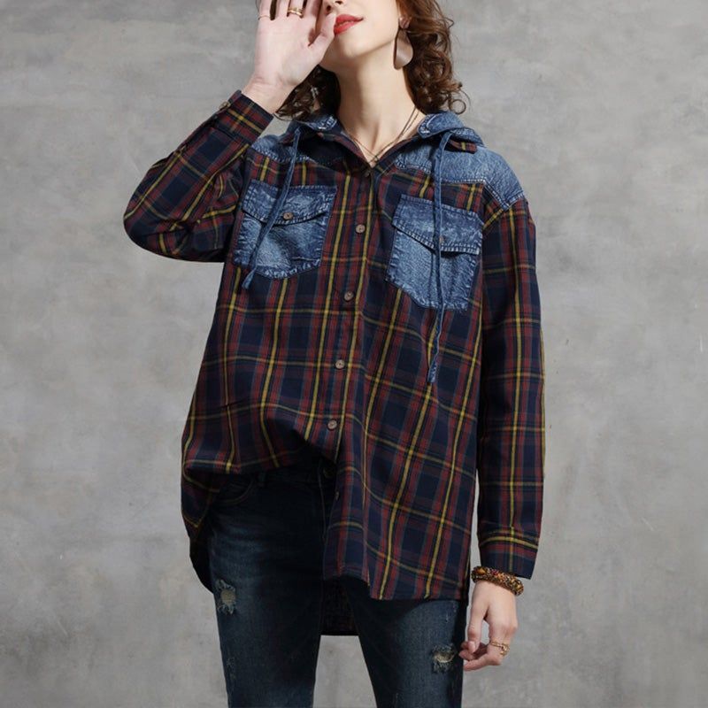 Lente Herfst Retro Plaid Hooded Patchwork Katoenen Blouse