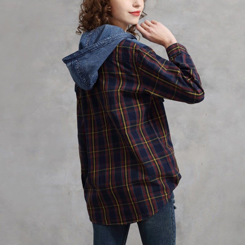 Lente Herfst Retro Plaid Hooded Patchwork Katoenen Blouse