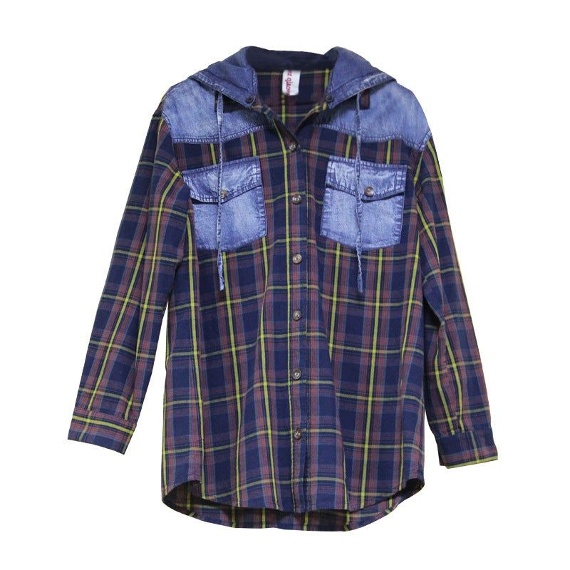 Lente Herfst Retro Plaid Hooded Patchwork Katoenen Blouse