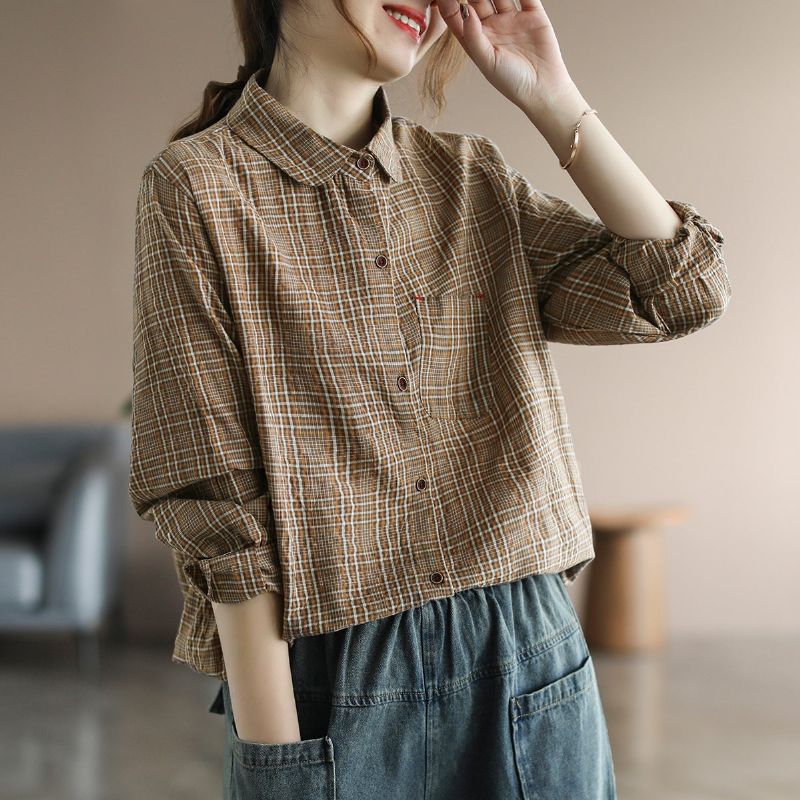 Lente Plaid Retro Lange Mouw Dames Katoenen Blouse