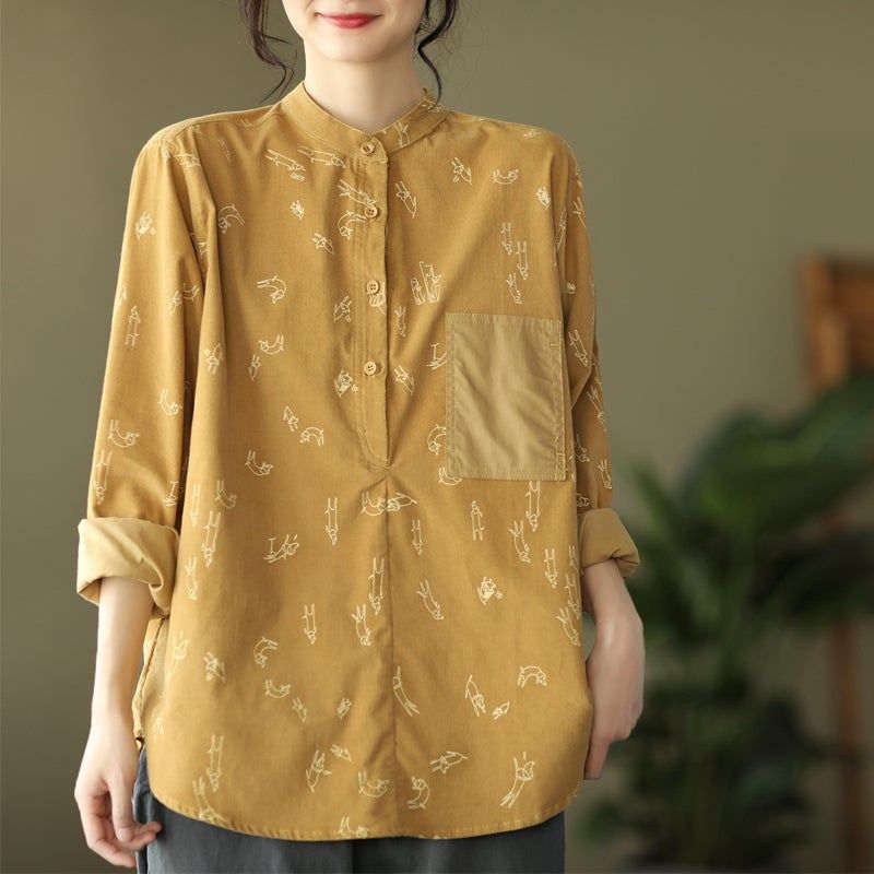 Lente Retro Corduroy Opstaande Kraag Losse Blouse