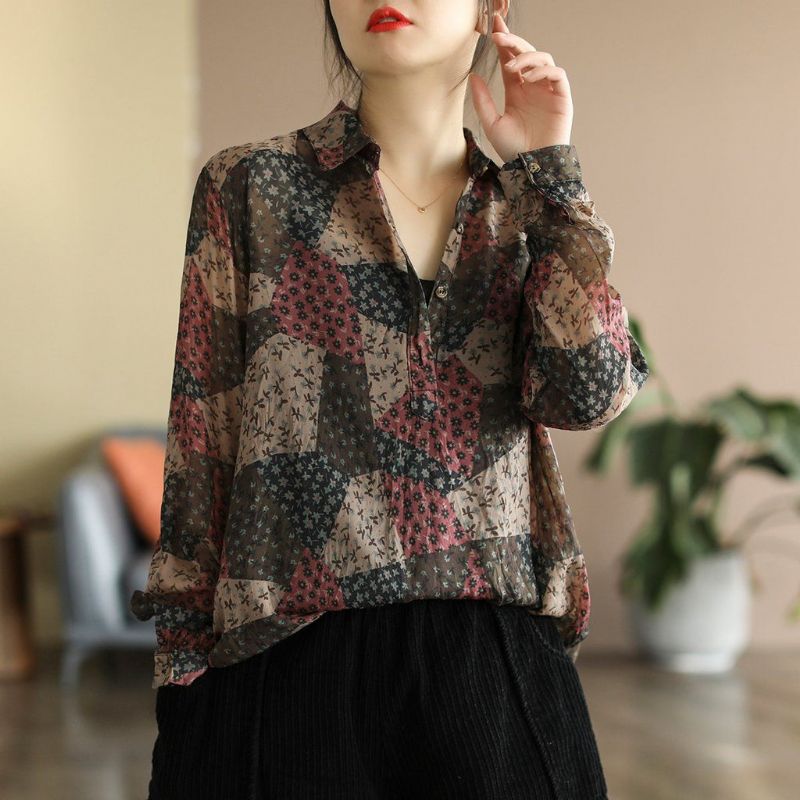 Lente Retro Linnen Bloemen Blouse Met Lange Mouwen