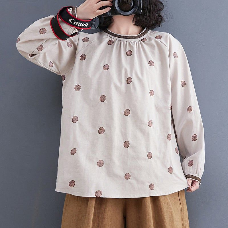 Lente Retro Polka Dot Losse Casual Linnen Blouse