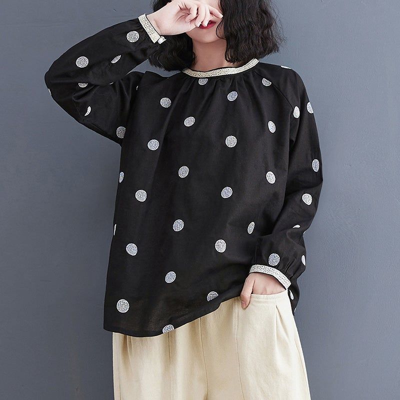 Lente Retro Polka Dot Losse Casual Linnen Blouse