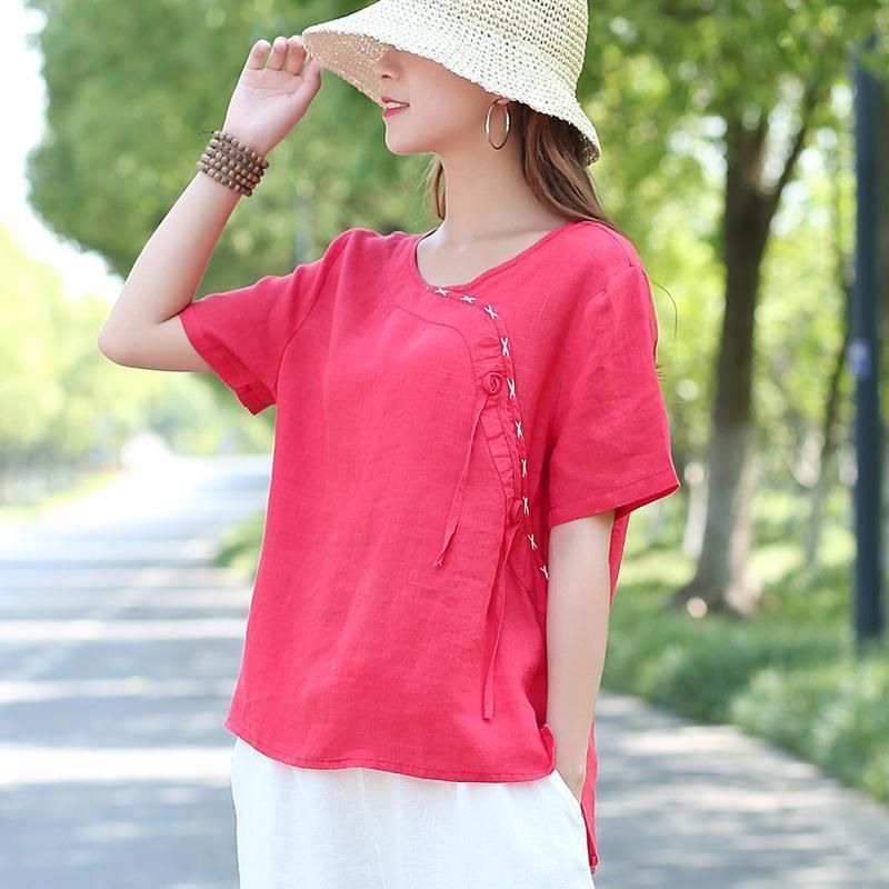 Linnen Speciale Kraag Losse Effen Blouse