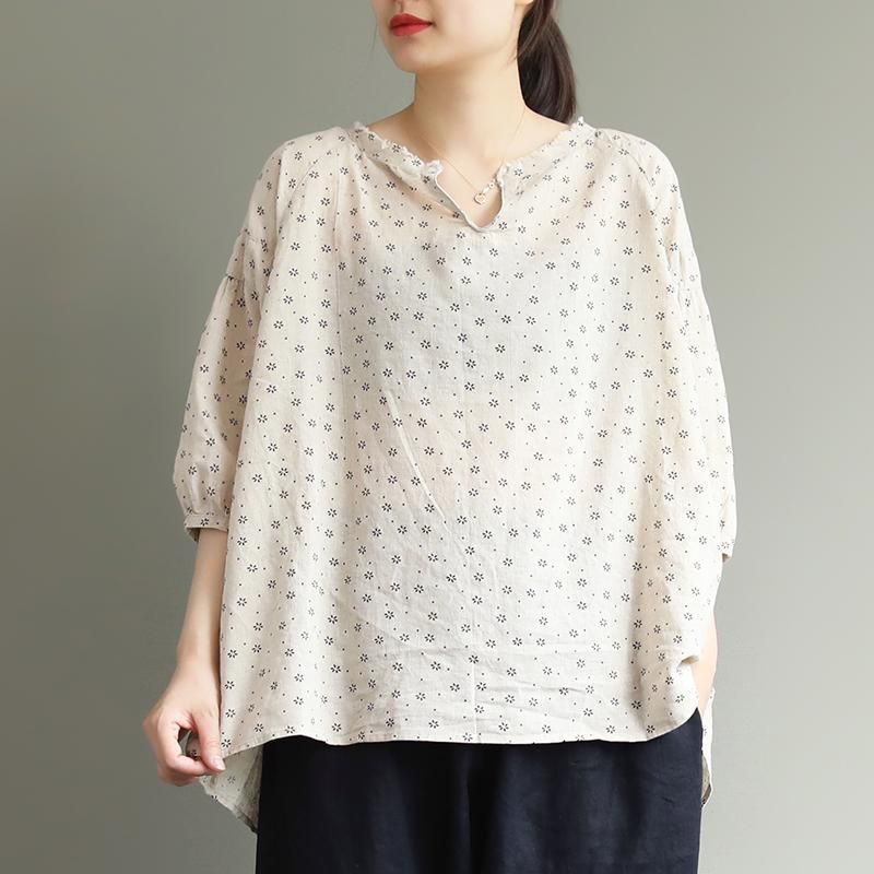 Losse Linnen Nieuwe Bloemenprint Polka Dot Comfortabele Blouse