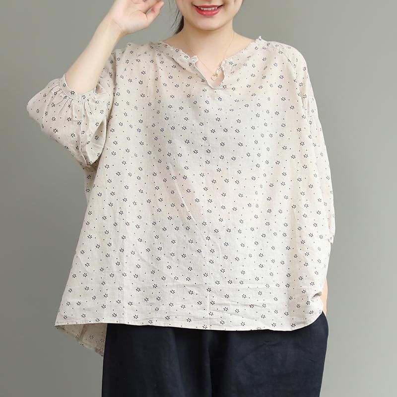 Losse Linnen Nieuwe Bloemenprint Polka Dot Comfortabele Blouse