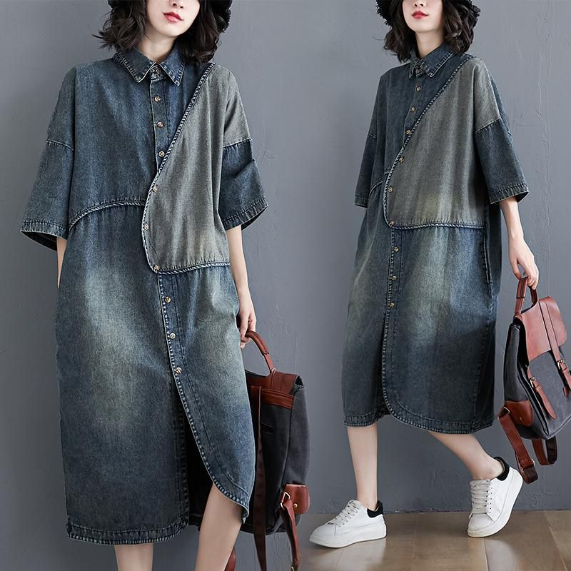 Plus-maat Retro Losse Denim Overhemdjurk Met Korte Mouwen