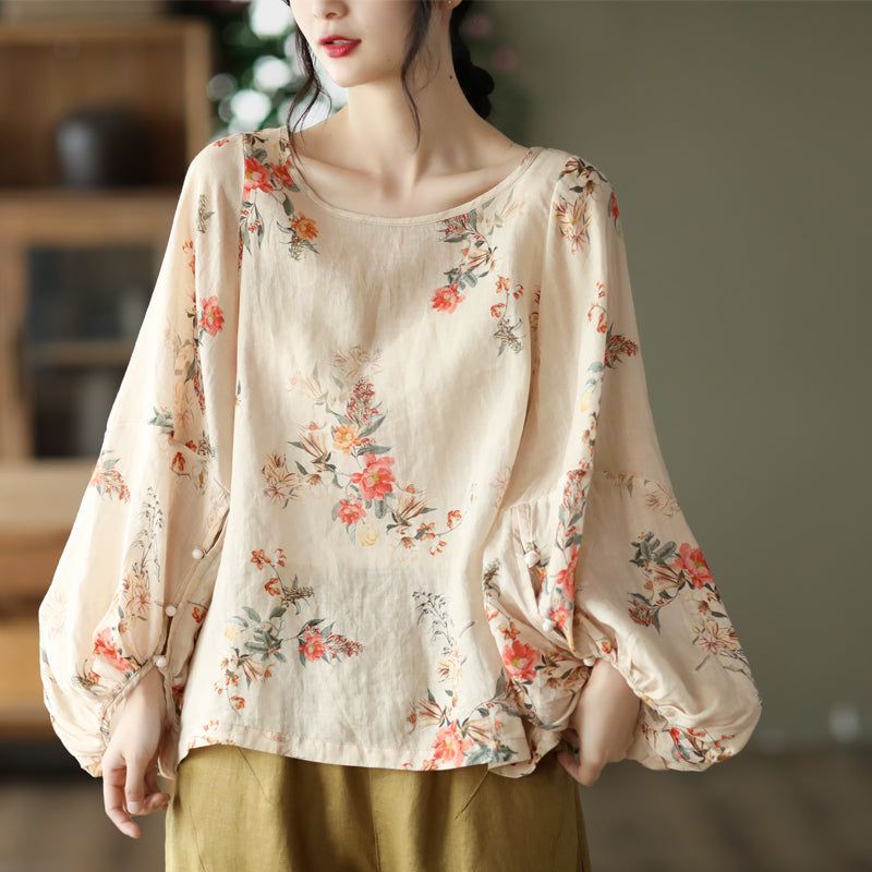 Plus Maat Vrouwen Lente Losse Linnen Bloemen Blouse