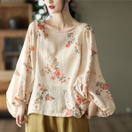 Plus Maat Vrouwen Lente Losse Linnen Bloemen Blouse