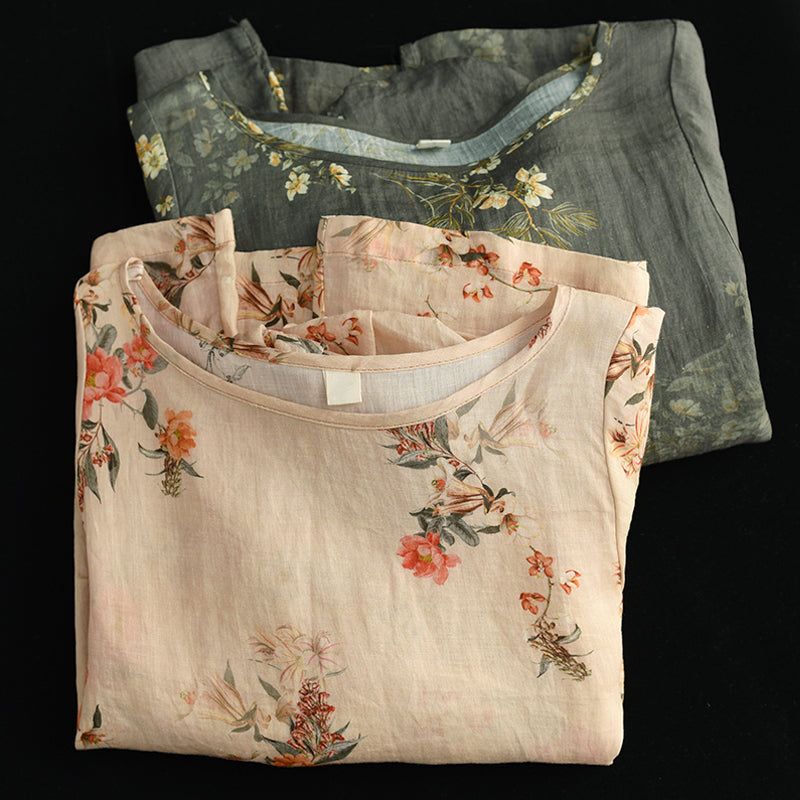 Plus Maat Vrouwen Lente Losse Linnen Bloemen Blouse