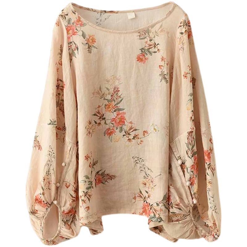 Plus Maat Vrouwen Lente Losse Linnen Bloemen Blouse