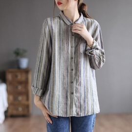 Retro Linnen Blouse Met Lange Mouwen En Losse Streep