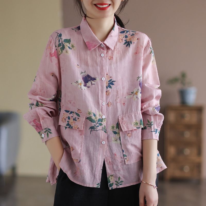 Retro Linnen Vrouwen Bloemen Losse Casual Blouse