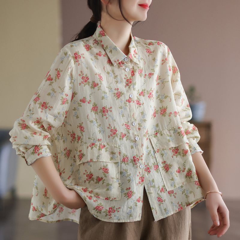 Retro Linnen Vrouwen Bloemen Losse Casual Blouse