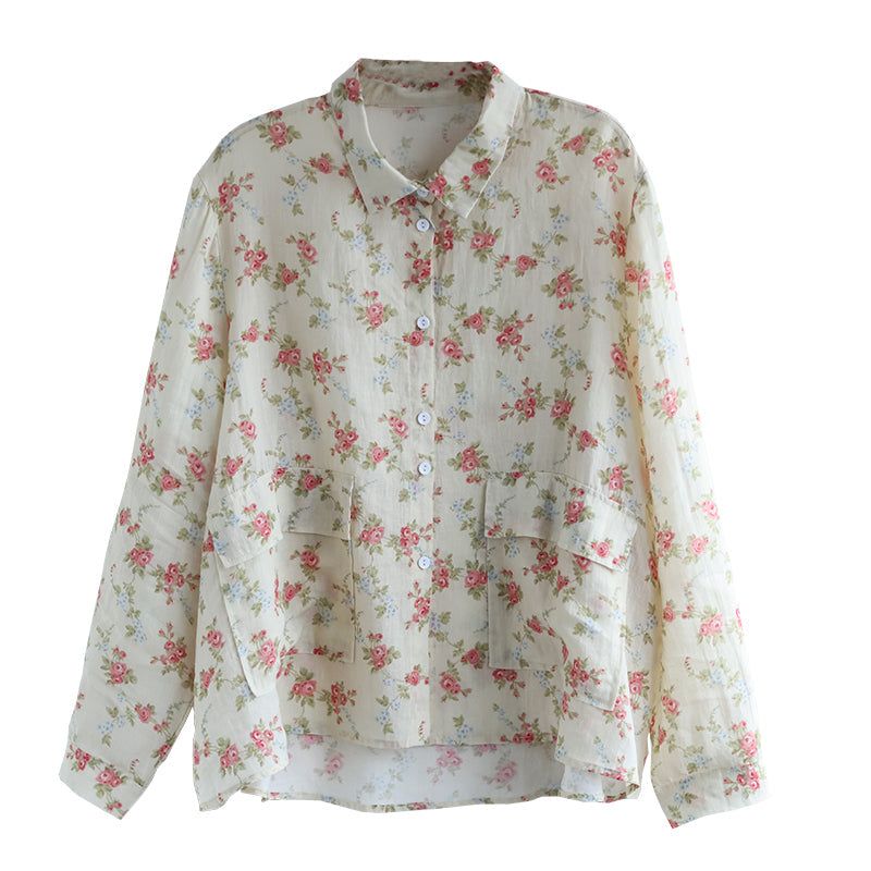 Retro Linnen Vrouwen Bloemen Losse Casual Blouse