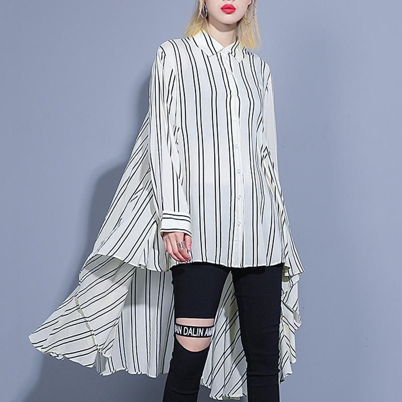 Strepen Asymmetrisch Asymmetrisch Hoog Laag Shirt Met Lange Mouwen