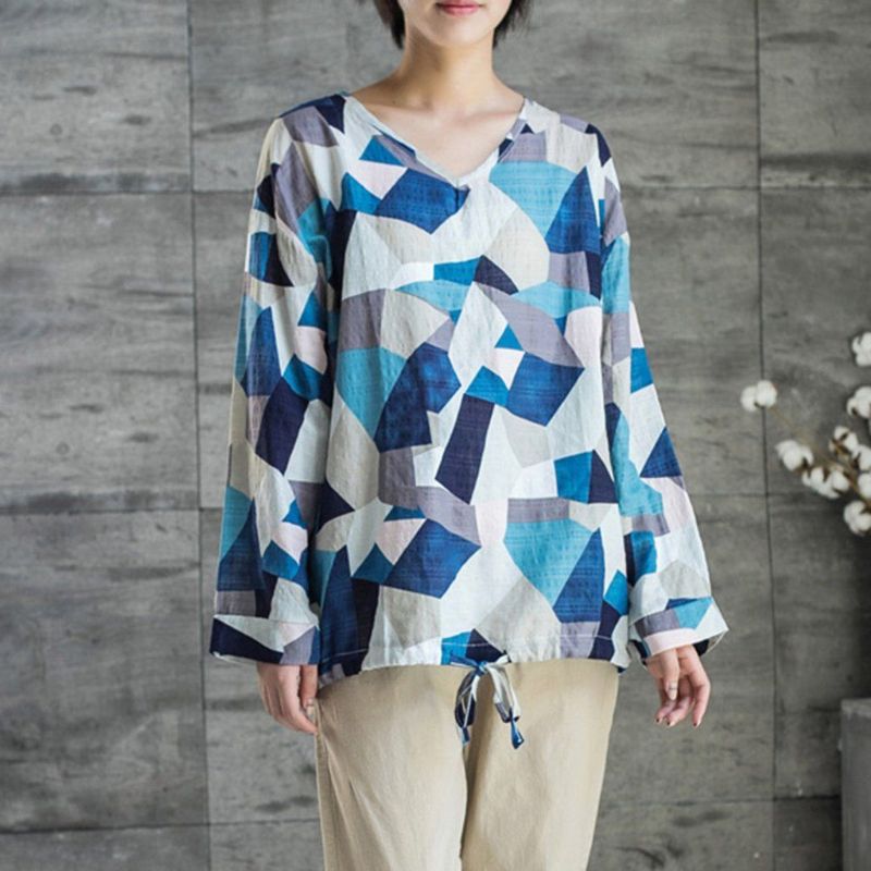 T-shirtblouse Van Katoen En Linnen Met Geometrische Print En Trekkoord