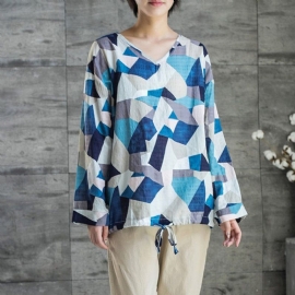 T-shirtblouse Van Katoen En Linnen Met Geometrische Print En Trekkoord