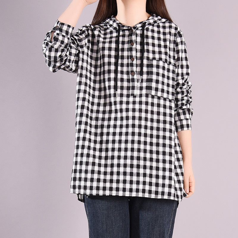 Vrouwen Lente Losse Casual Katoenen Hooded Plaid Blouse