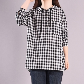 Vrouwen Lente Losse Casual Katoenen Hooded Plaid Blouse