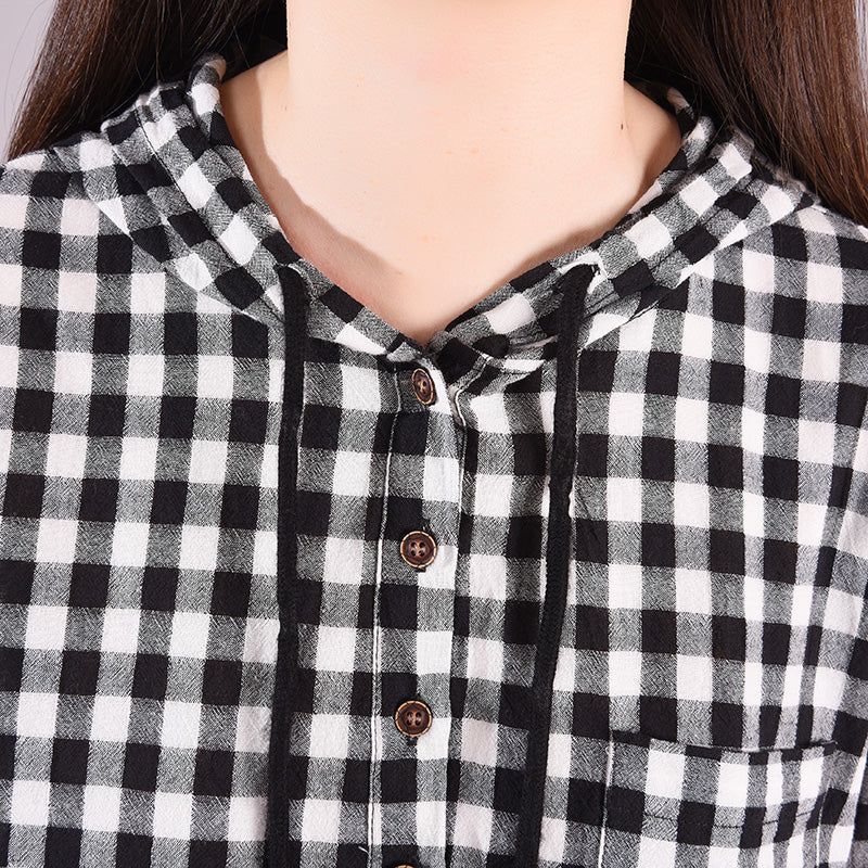 Vrouwen Lente Losse Casual Katoenen Hooded Plaid Blouse