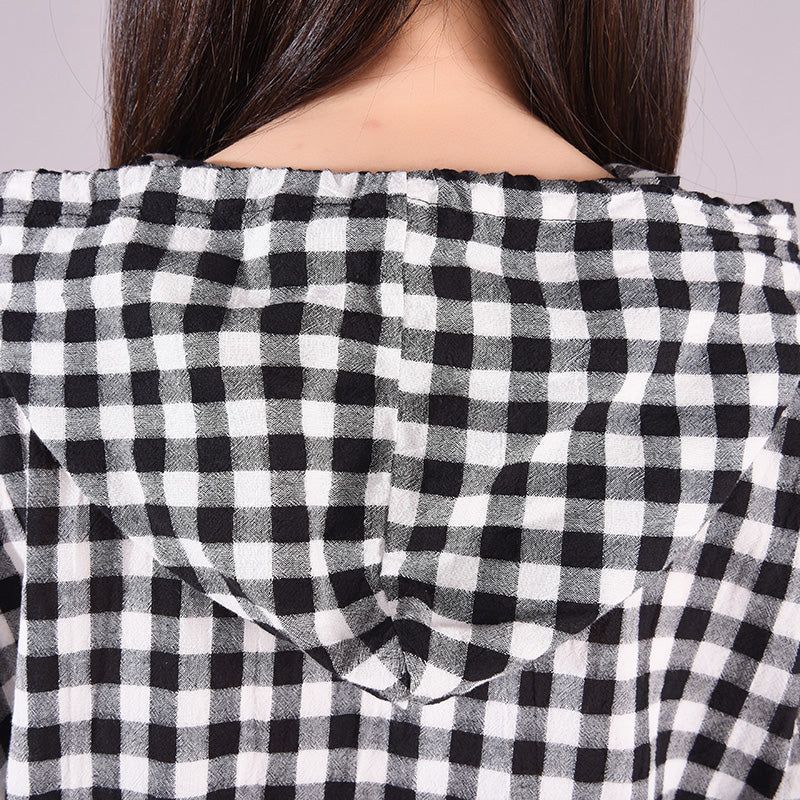 Vrouwen Lente Losse Casual Katoenen Hooded Plaid Blouse