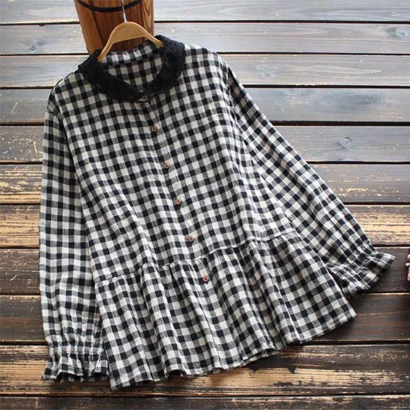 Vrouwen Lente Retro Plaid Katoen Linnen Blouse