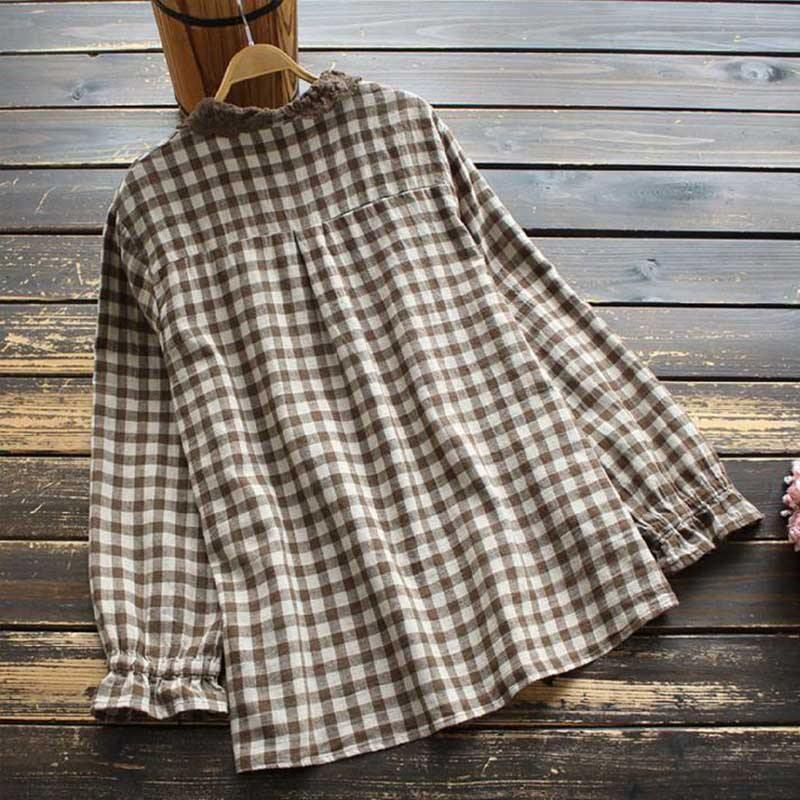 Vrouwen Lente Retro Plaid Katoen Linnen Blouse