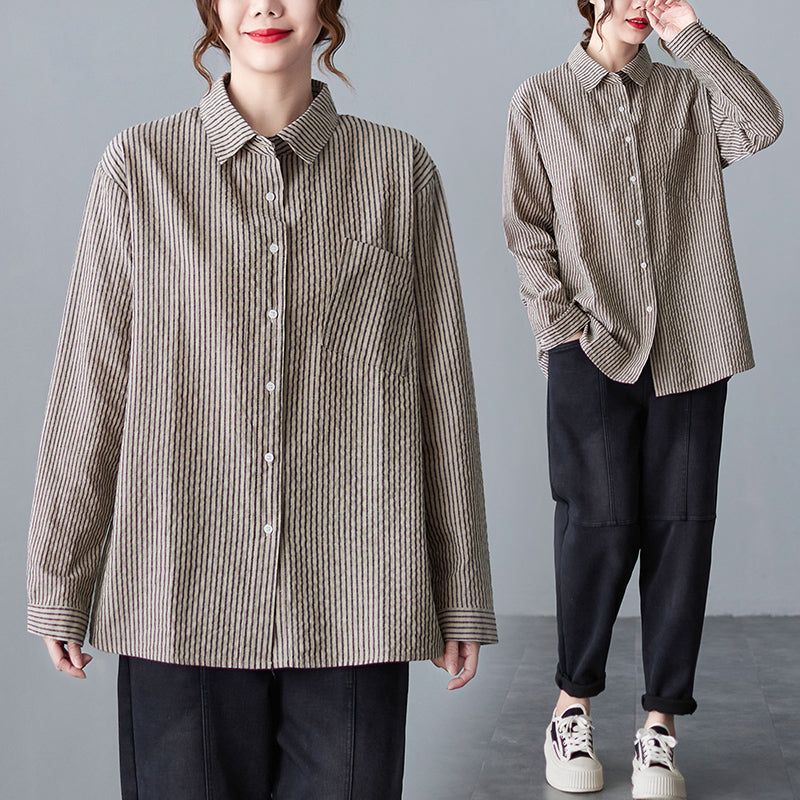 Vrouwen Lente Retro Streep Katoen Casual Blouse